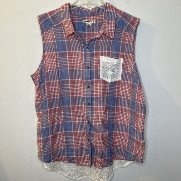 Ruff Hewn Womens Top Size XL Sleeveless Red Blue Striped button front - Picture 2 of 11